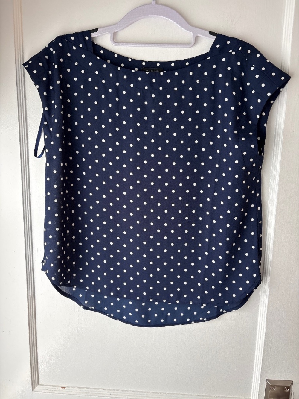 Ann Taylor Navy Dot Boatneck Blouse, NWT, Sz XXSP